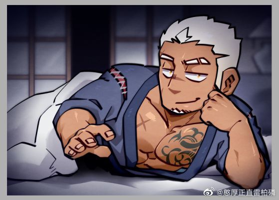 1boy, abs, artist_request, bara, bare_pectorals, beckoning, bed_invitation, chest_tattoo