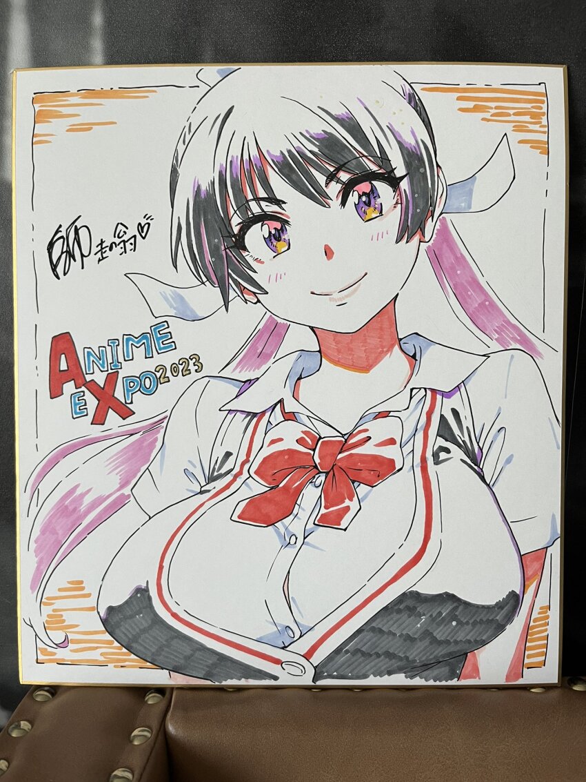 1girl, 2023, anime_expo, anime_expo2023, black_hair, blush, breasts, closed_mouth