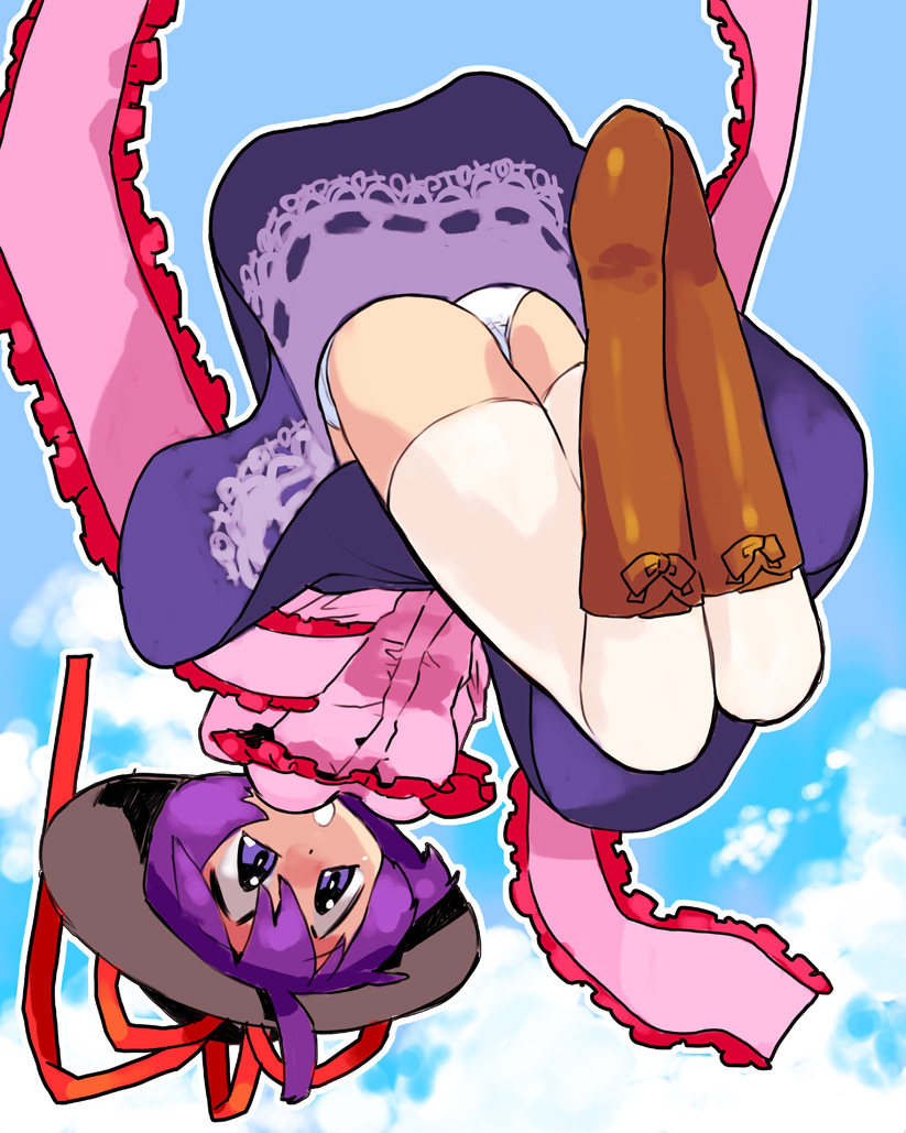 1girl, female_focus, frills, full_body, hat, makaron, nagae_iku, outdoors, panties, purple_hair, shawl, short_hair, sky, solo, thighhighs, touhou, underwear, white_panties, white_thighhighs