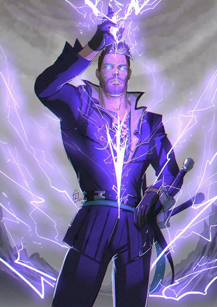 1boy, bara, beard, black_hair, blue_eyes, cidolfus_telamon, electricity, facial_hair, final_fantasy, final_fantasy_xvi, fuge_oni666, gloves, highres, male_focus, shirt, short_hair, sword, v-taper, weapon