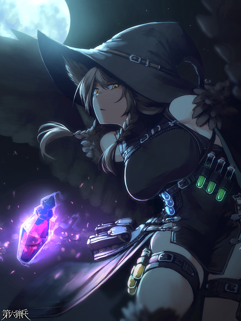 1girl, aura_venefika, black_dress, black_hat, bottle, braid, breasts, brown_hair