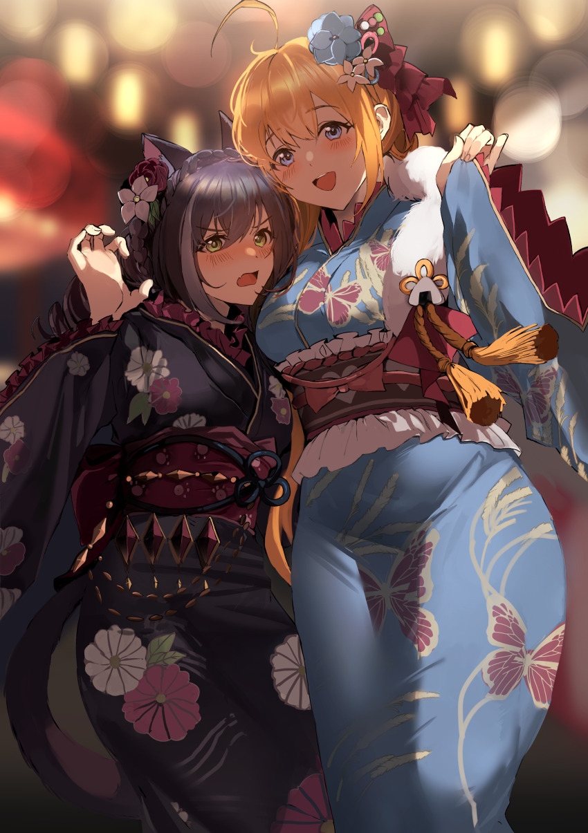 2girls, absurdres, ahoge, animal_ear_fluff, animal_ears, black_hair, black_kimono, blonde_hair