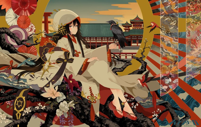 1girl, architecture, bird, crow, divine_empress_(iron_saga), east_asian_architecture, flower, highres, iron_saga, japanese_clothes, kimono, neko_(yanshoujie), official_art, tree, uchikake
