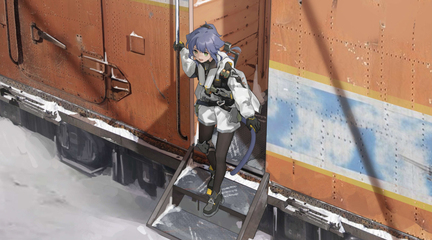 1girl, absurdres, animal_ears, arknights, black_gloves, black_pantyhose, blue_hair, blue_shoes