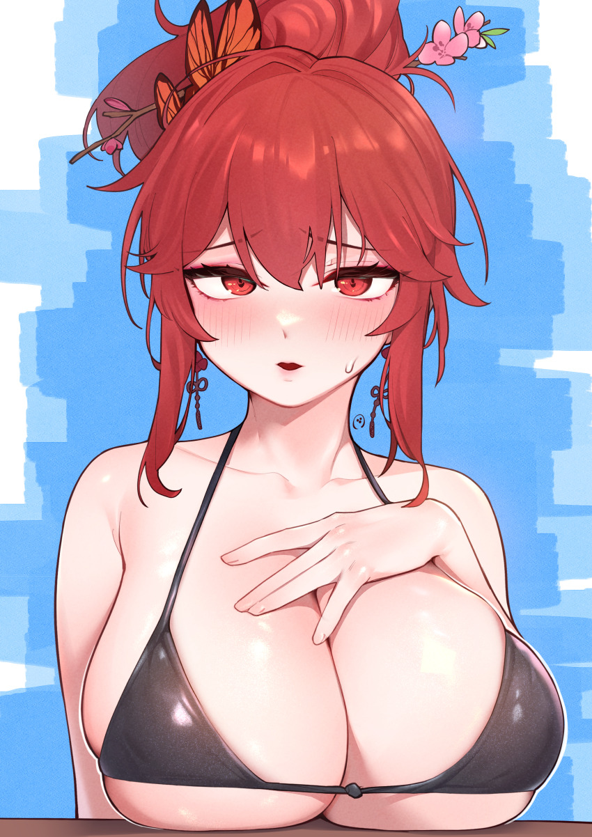 1girl, \||/, absurdres, bare_shoulders, bikini, black_bikini, blush, breast_rest, breasts, cheon-do_(eat_the_world_tree), cleavage, collarbone, commentary_request, earrings, flower, hair_between_eyes, hair_bun, hair_flower, hair_ornament, hair_stick, halterneck, hand_on_own_chest, highres, huge_breasts, jewelry, korean_commentary, long_hair, looking_at_viewer, nectarine_(mopqrkdnl1), novelpia, open_mouth, red_eyes, red_hair, sangobob, skindentation, smile, solo, string_bikini, swimsuit, upper_body