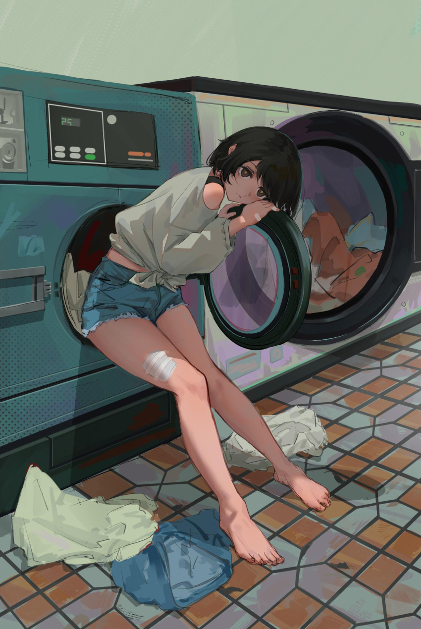 1girl, bandaid, bandaid_on_hand, bandaid_on_thigh, barefoot, black_hair, blue_shorts, closed_mouth