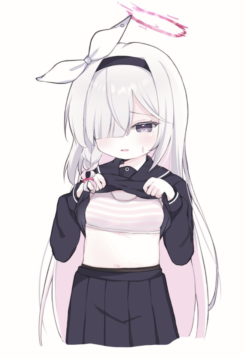 1girl, black_hairband, black_sailor_collar, black_serafuku, black_shirt, black_skirt, blue_archive, blush