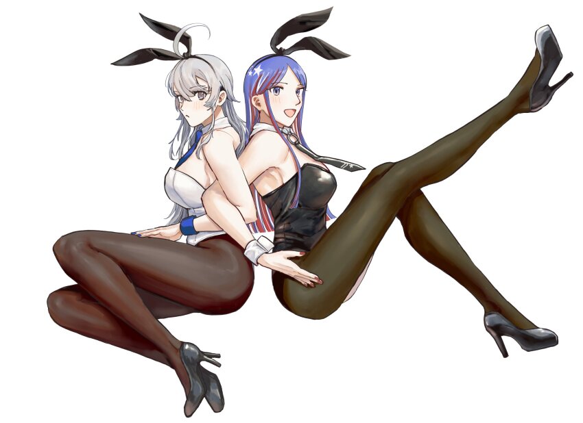 2girls, ahoge, animal_ears, back-to-back, black_footwear, black_leotard, black_pantyhose, blue_hair