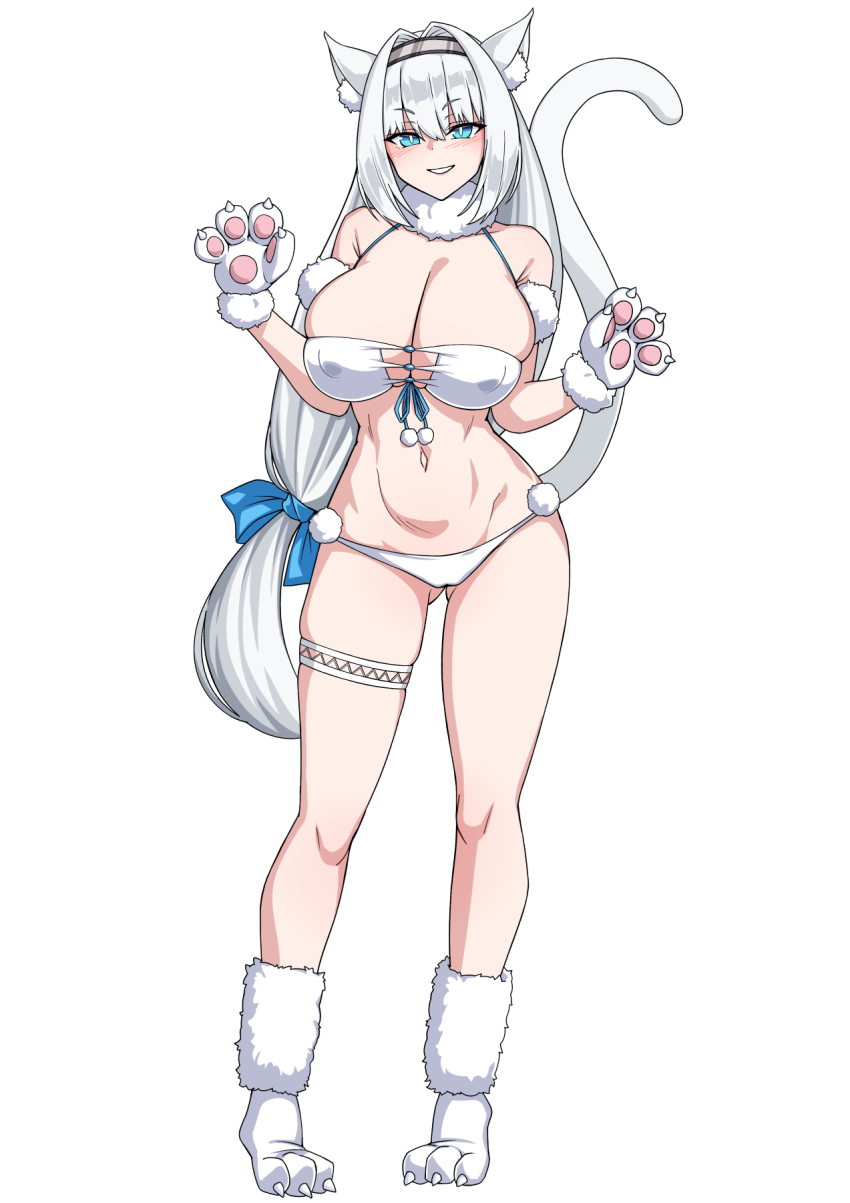 1girl, animal_ear_fluff, animal_ears, animal_hands, bare_shoulders, bikini, blue_eyes, blush, breasts, cat_ears, cat_girl, cat_tail, cleavage, dobrynya_nikitich_(fate), dobrynya_nikitich_(twin_tail)_(fate), fate/grand_order, fate_(series), full_body, fur_collar, gloves, grin, hair_ribbon, hairband, highres, large_breasts, long_hair, looking_at_viewer, low_ponytail, muta_poo, navel, paw_gloves, paw_shoes, ponytail, ribbon, smile, solo, swimsuit, tail, thigh_strap, white_bikini, white_hair