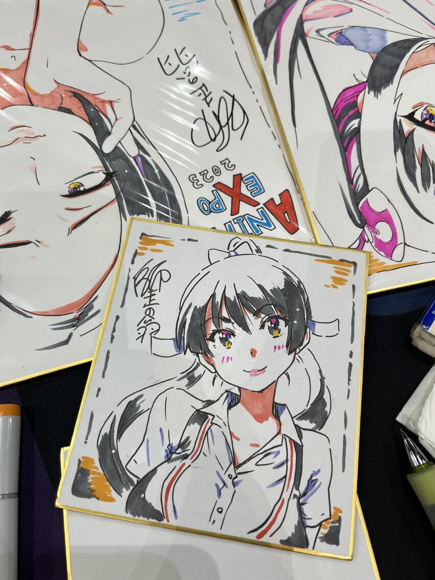 2023, anime_expo, anime_expo2023, black_hair, blush, breasts, closed_mouth, colored_inner_hair