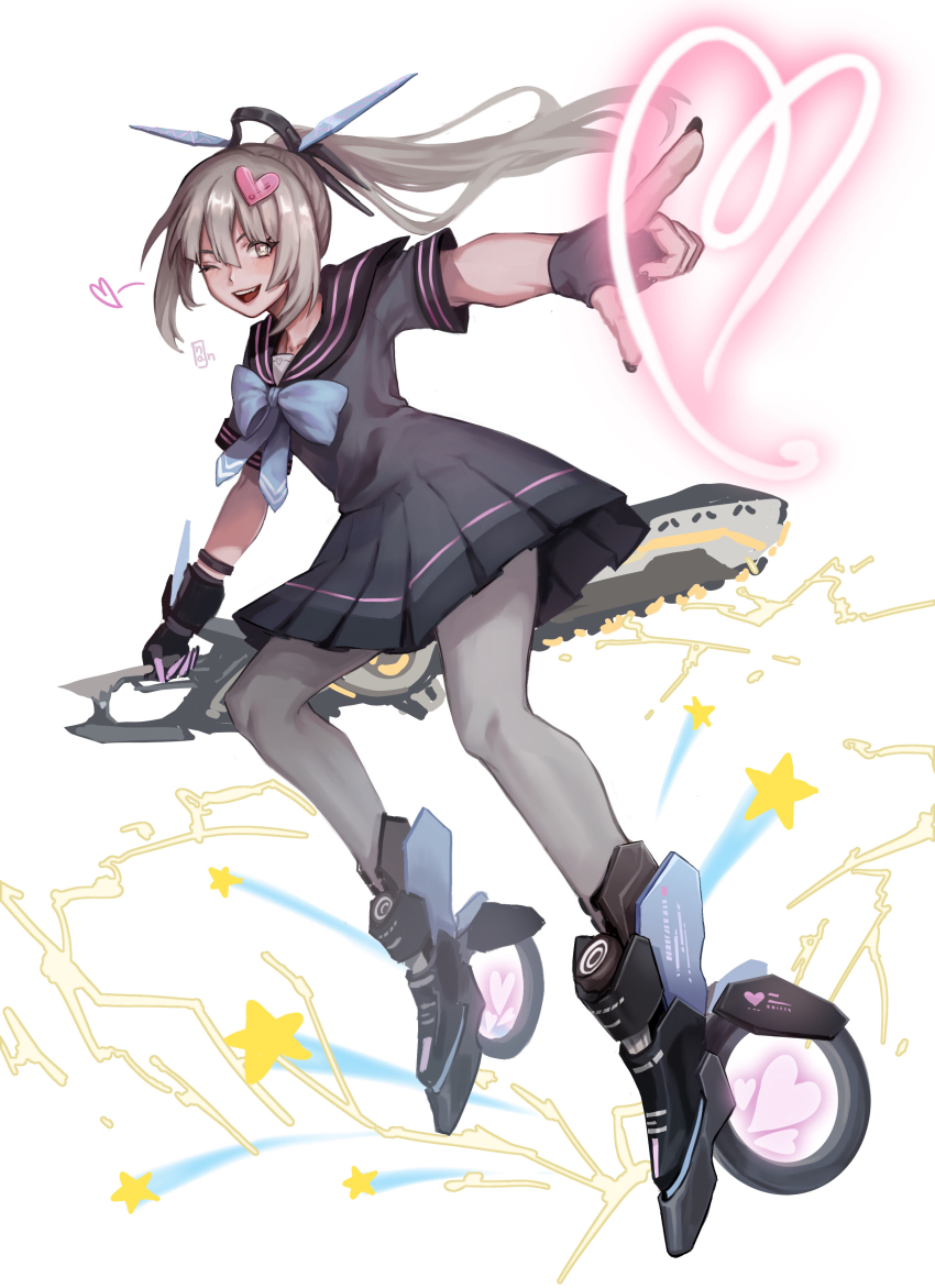 1girl, absurdres, black_gloves, black_sailor_collar, black_serafuku, blue_ribbon, brown_eyes, chainsword