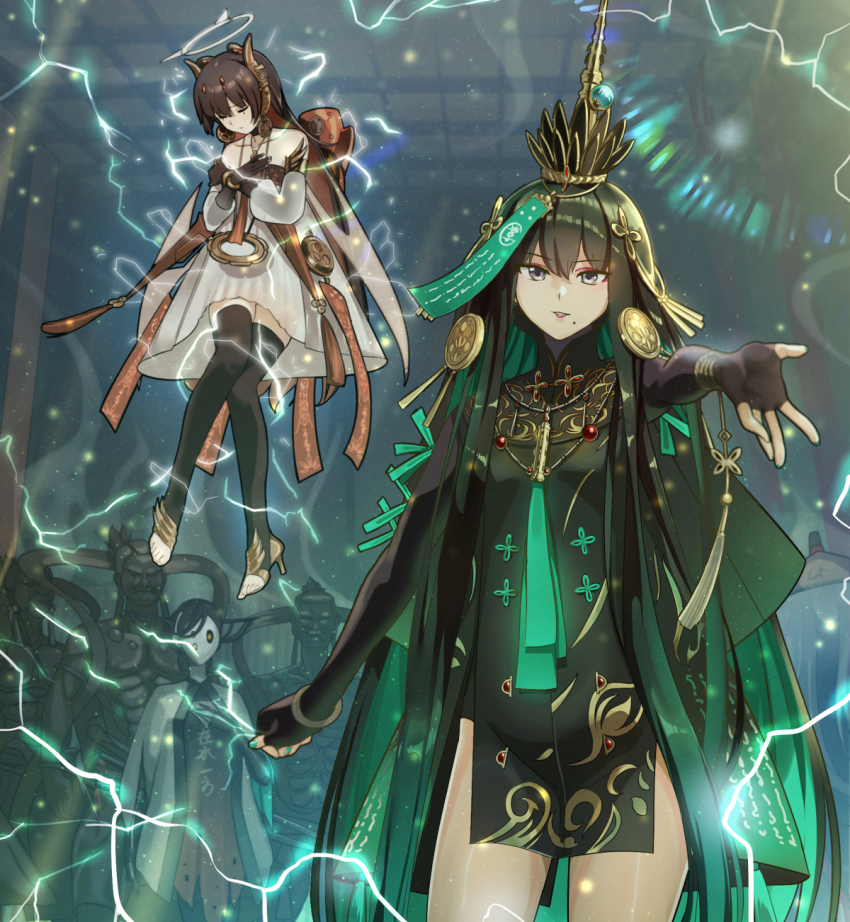 2girls, armlet, bare_shoulders, black_gloves, black_thighhighs, bracelet, china_dress, chinese_clothes, colored_inner_hair, crown, detached_sleeves, dress, earrings, elbow_gloves, electricity, fake_horns, fingerless_gloves, gloves, gold_earrings, gold_horns, green_dress, green_hair, green_nails, grey_eyes, hair_ornament, halo, highres, horns, jewelry, long_hair, lucia:_plume_(eventide_glow)_(pgr), lucia:_plume_(pgr), lucia_(pgr), mole, mole_under_mouth, multicolored_hair, multiple_girls, necklace, parted_lips, punishing:_gray_raven, qu:_pavo_(pgr), qu_(pgr), red_hair, restrained, robot, see-through_clothes, talisman, thighhighs, very_long_hair, white_dress, wide_sleeves, yewang19