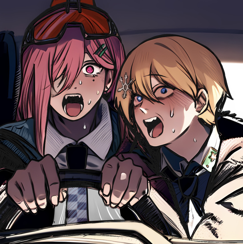 2girls, blonde_hair, chainsaw_man, driving, fujimoto_tatsuki_(style), girls'_frontline, goggles, higashiyama_kobeni