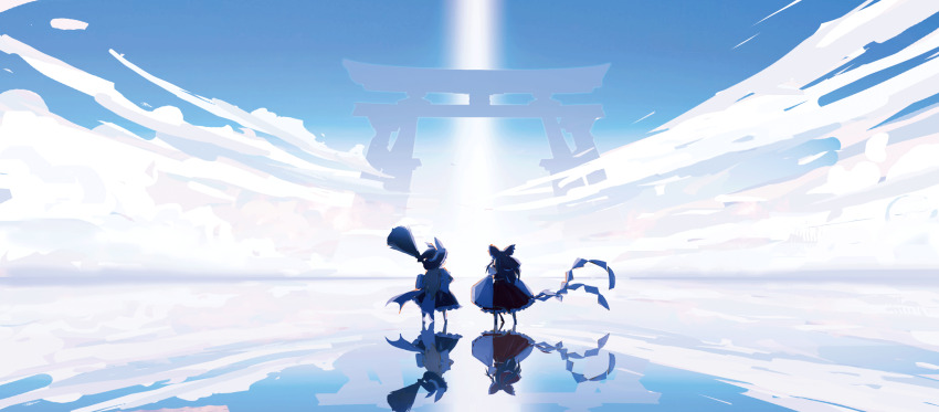 2girls, absurdres, back_bow, black_headwear, black_skirt, blonde_hair, blue_sky, bow