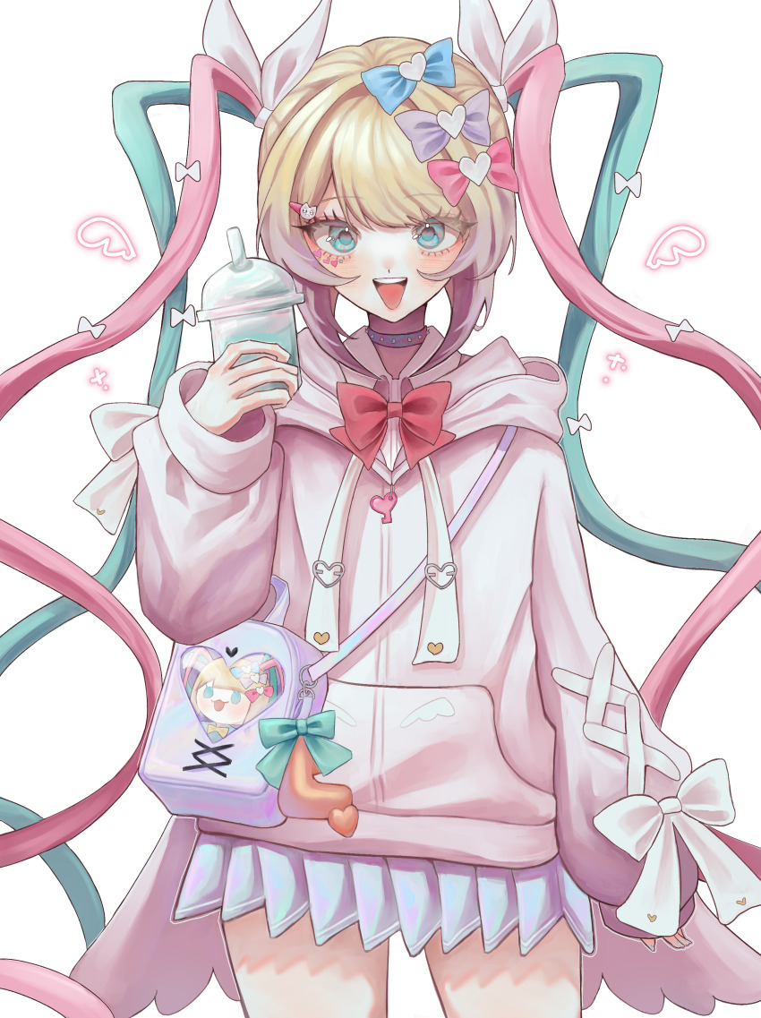 1girl, :d, absurdres, bag, blonde_hair, blue_bow, blue_eyes, blue_hair