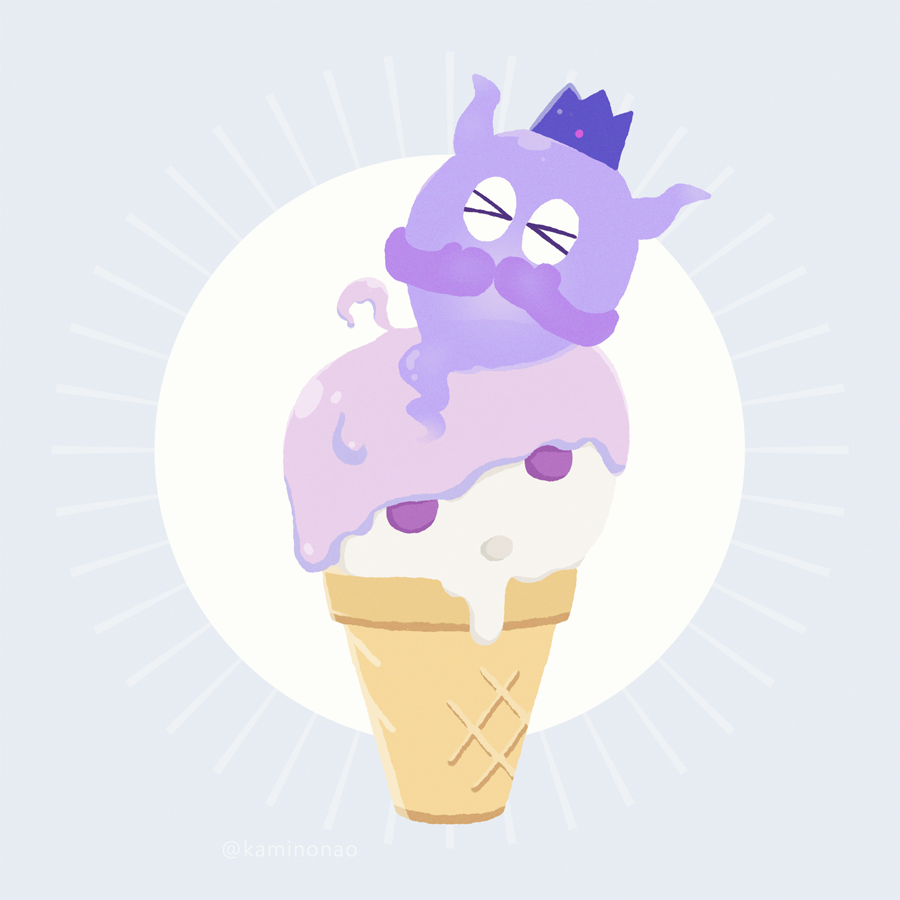 >_<, closed_eyes, commentary_request, covering_own_mouth, crown, food, foodification, full_body, ghost, grey_background, horns, ice_cream, kaminonao, master_detective_archives:_rain_code, melting, no_humans, shinigami_(ghost)_(rain_code), shinigami_(rain_code), yuma_kokohead