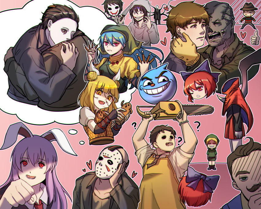 4girls, 6+boys, ?, a_nightmare_on_elm_street, absurdres, animal_ears, apron, arm_ribbon