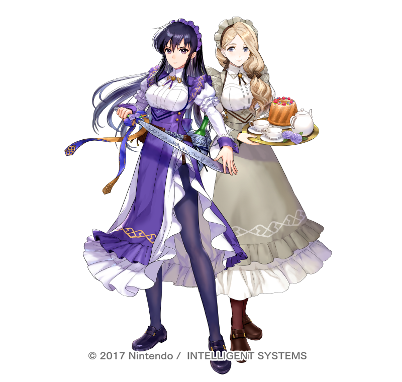 2girls, apron, asatani_tomoyo, ayra_(fire_emblem), ayra_(tea_party)_(fire_emblem), black_footwear, black_hair, blonde_hair