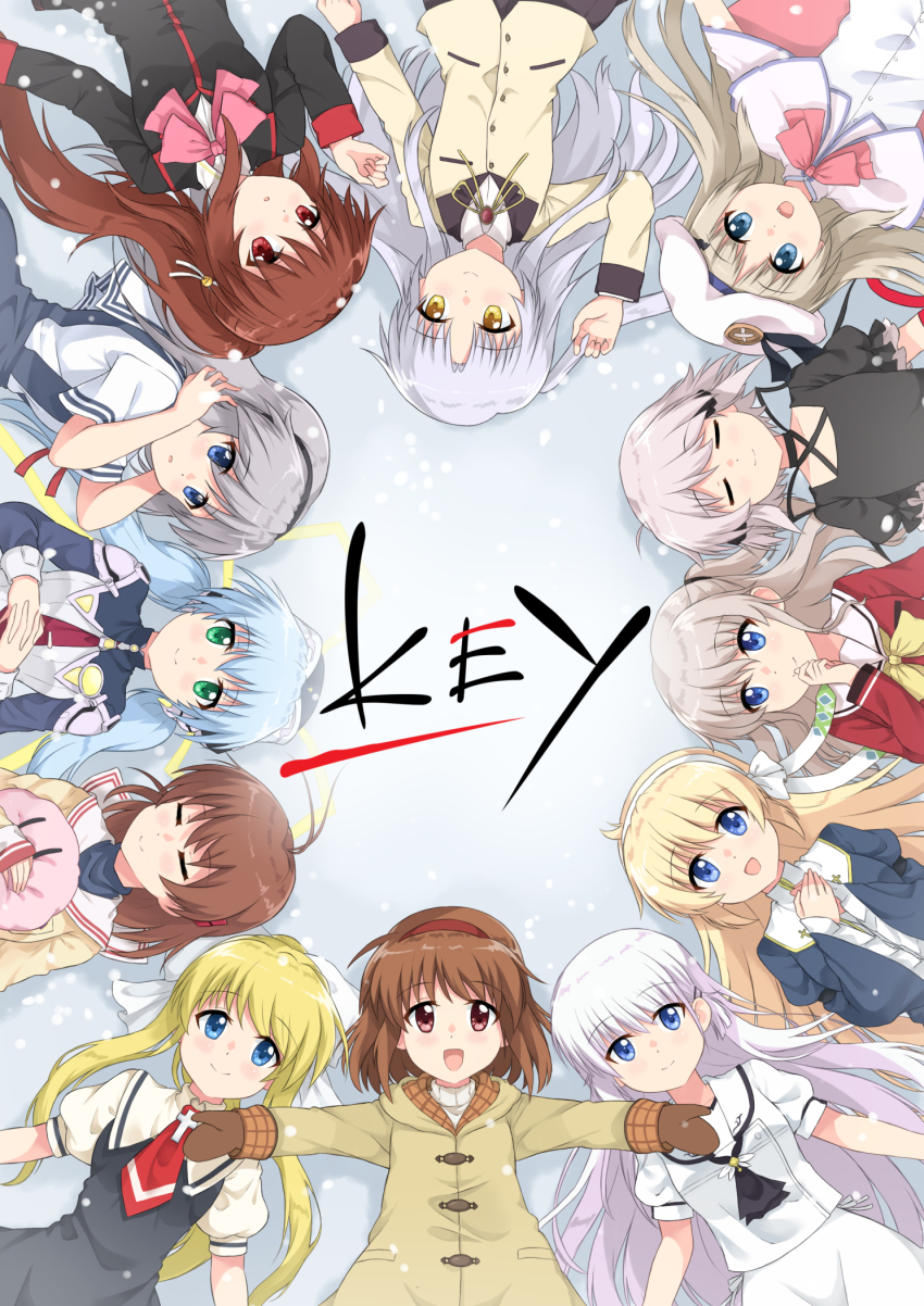 6+girls, :d, air_(visual_novel), angel_beats!, antenna_hair, black_dress, black_jacket, blonde_hair