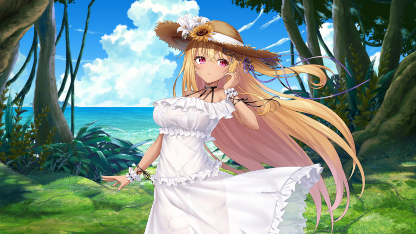1girl, blonde_hair, breasts, dark-skinned_female, dark_skin, dmm, dress, flower, hat, large_breasts, long_hair, minashigo_x, ocean, outdoors, red_eyes, solo, standing, sun_hat, tree, very_long_hair, white_dress