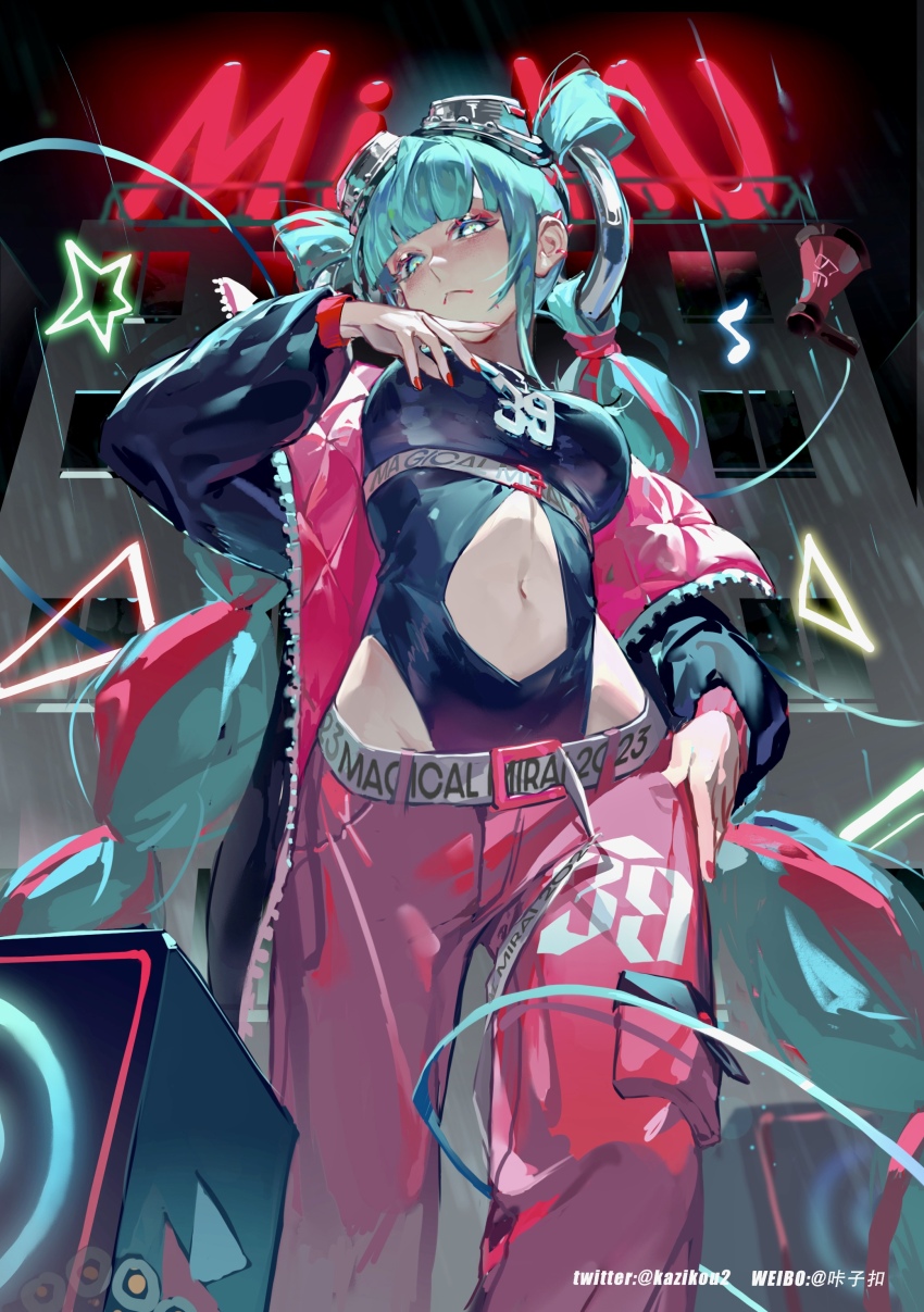 1girl, 39, :<, absurdres, aqua_hair, bare_hips, belt, black_jacket, blunt_bangs, braid, breasts, character_name, chinese_commentary, closed_mouth, clothes_writing, clothing_cutout, commentary_request, detached_sleeves, down_jacket, downcast_eyes, eighth_note, feet_out_of_frame, from_below, goggles, goggles_on_head, groin, hand_in_pocket, hand_up, hatsune_miku, head_tilt, highres, jacket, kako_(pixiv77158173), leotard, long_hair, looking_at_viewer, looking_down, magical_mirai_(vocaloid), magical_mirai_miku, magical_mirai_miku_(2023), medium_breasts, multicolored_hair, musical_note, nail_polish, navel, neon_lights, pants, red_hair, red_jacket, red_nails, red_pants, ring_hair_ornament, solo, speaker, spiked_ear_piercing, standing, star_(symbol), stomach, stomach_cutout, streaked_hair, triangle, twin_braids, twintails, twitter_username, two-sided_fabric, two-sided_jacket, very_long_hair, vocaloid, watermark, weibo_watermark