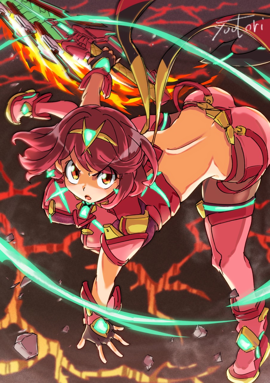 1girl, aegis_sword_(xenoblade), aqua_gem, ass, backless_outfit, black_gloves, bob_cut, breasts