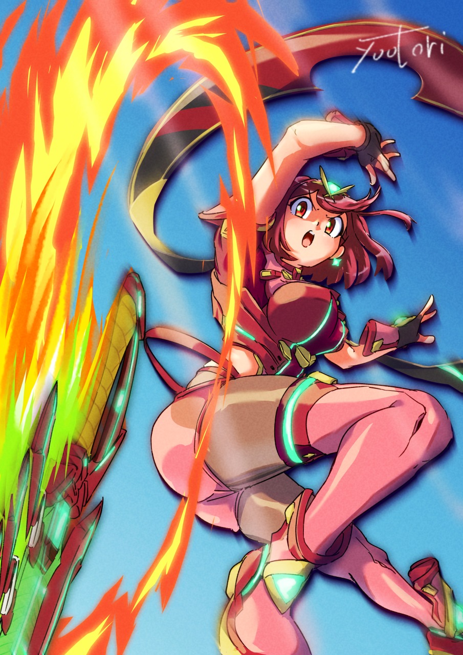 1girl, aegis_sword_(xenoblade), aqua_gem, ass, backless_outfit, black_gloves, bob_cut, breasts