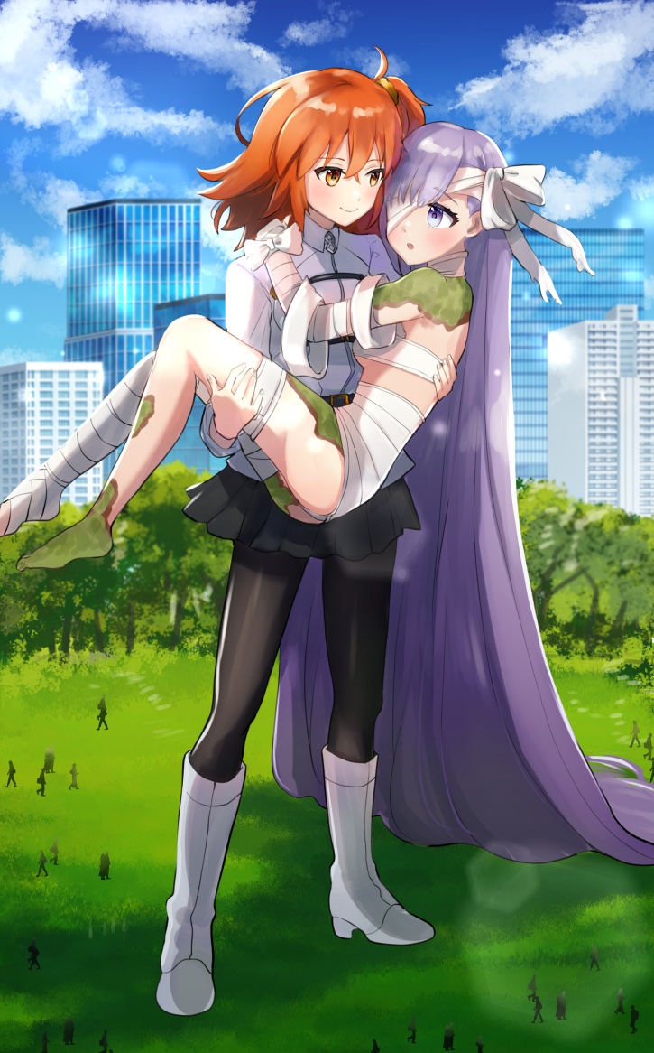 2girls, bandages, bare_shoulders, barefoot, carrying, city, fate/grand_order, fate_(series), fujimaru_ritsuka_(female), giant, giantess, kingprotea_(fate), long_hair, multiple_girls, orange_eyes, orange_hair, princess_carry, purple_eyes, purple_hair, short_hair, tori_ririisu, very_long_hair, yuri