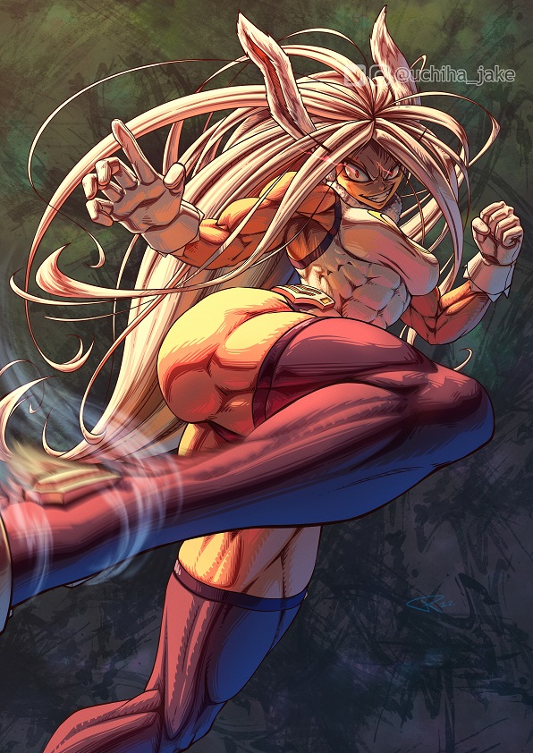 1girl, animal_ears, bare_shoulders, boku_no_hero_academia, breasts, bunny_day, clenched_hand, covered_navel, crescent_print, dark-skinned_female, dark_skin, foreshortening, fur_collar, gloves, glowing, glowing_eyes, grin, highleg, highleg_leotard, imminent_kick, leotard, long_eyelashes, long_hair, looking_at_viewer, medium_breasts, mirko, muscular, muscular_female, parted_bangs, purple_thighhighs, rabbit_ears, rabbit_girl, red_eyes, smile, solo, taut_leotard, thick_thighs, thighhighs, thighs, twitter_username, uchiha_jake, very_long_hair, white_gloves, white_hair, white_leotard