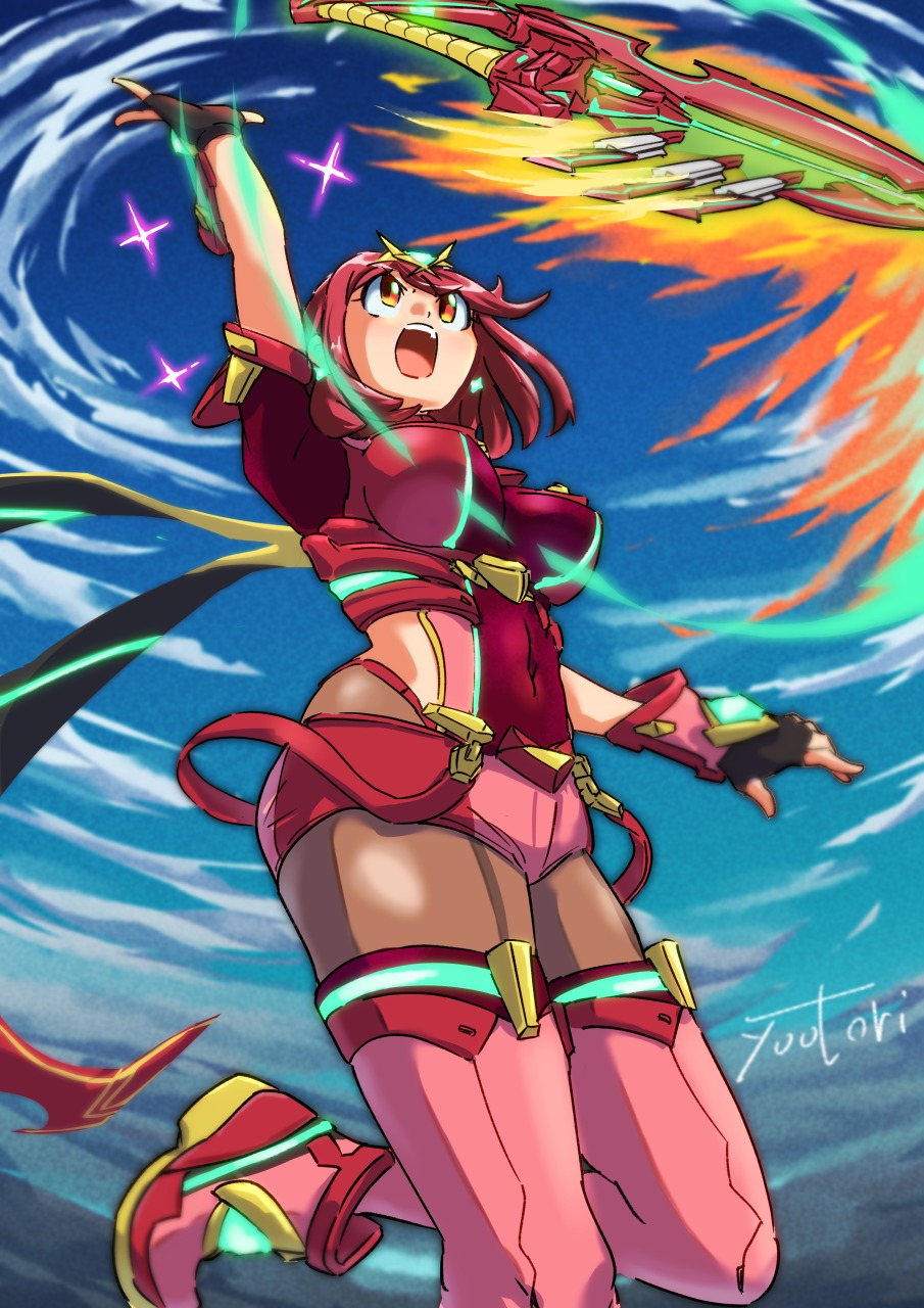 1girl, aegis_sword_(xenoblade), aqua_gem, black_gloves, bob_cut, breasts, chest_jewel, covered_navel