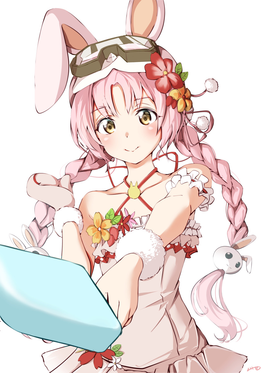 1girl, absurdres, animal_ears, braid, feathermage, flower, food, goggles
