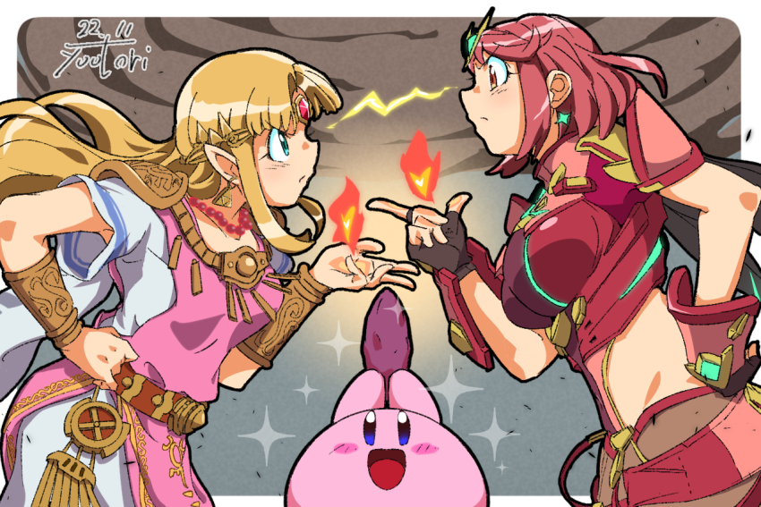 2girls, angry, black_gloves, blonde_hair, breasts, chest_jewel, clash, dress, earrings, fingerless_gloves, fire, gloves, headpiece, jewelry, kirby, kirby_(series), large_breasts, long_hair, midriff, multiple_girls, nintendo, pantyhose, pantyhose_under_shorts, princess_zelda, pyra_(xenoblade), red_eyes, red_hair, red_shorts, short_hair, short_shorts, shorts, super_smash_bros., swept_bangs, the_legend_of_zelda, the_legend_of_zelda:_a_link_between_worlds, thighhighs, tiara, triforce, xenoblade_chronicles_(series), xenoblade_chronicles_2, you_bird