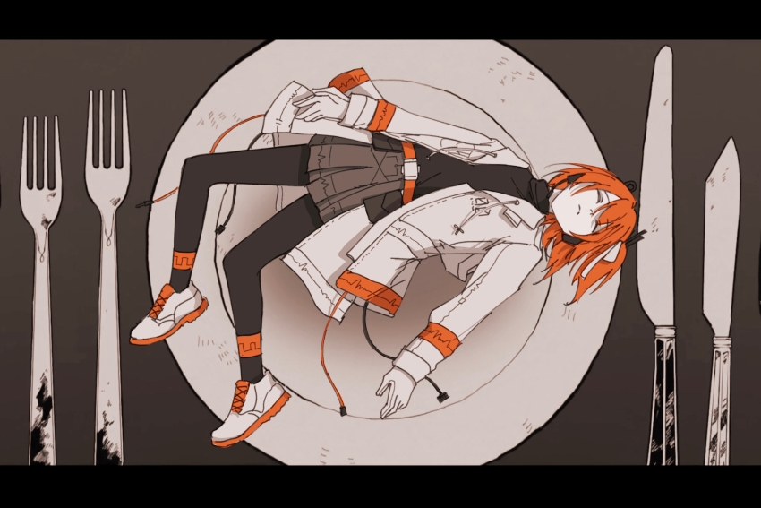 1girl, a.i._voice, adachi_rei, belt, belt_pouch, bitter_choco_decoration_(vocaloid), black_leggings, black_shirt, brown_background, brown_skirt, cable, cangshu_zhezhezi, chinese_commentary, closed_eyes, closed_mouth, commentary_request, facing_viewer, floating, fork, full_body, gloves, hair_ribbon, headlamp, headset, highres, jacket, knife, leggings, letterboxed, one_side_up, open_clothes, open_jacket, orange_belt, orange_hair, plate, pouch, radio_antenna, raised_eyebrows, ribbon, shadow, shirt, shoes, skirt, sneakers, solo, turtleneck, utau, utensil, white_gloves, white_jacket, white_ribbon