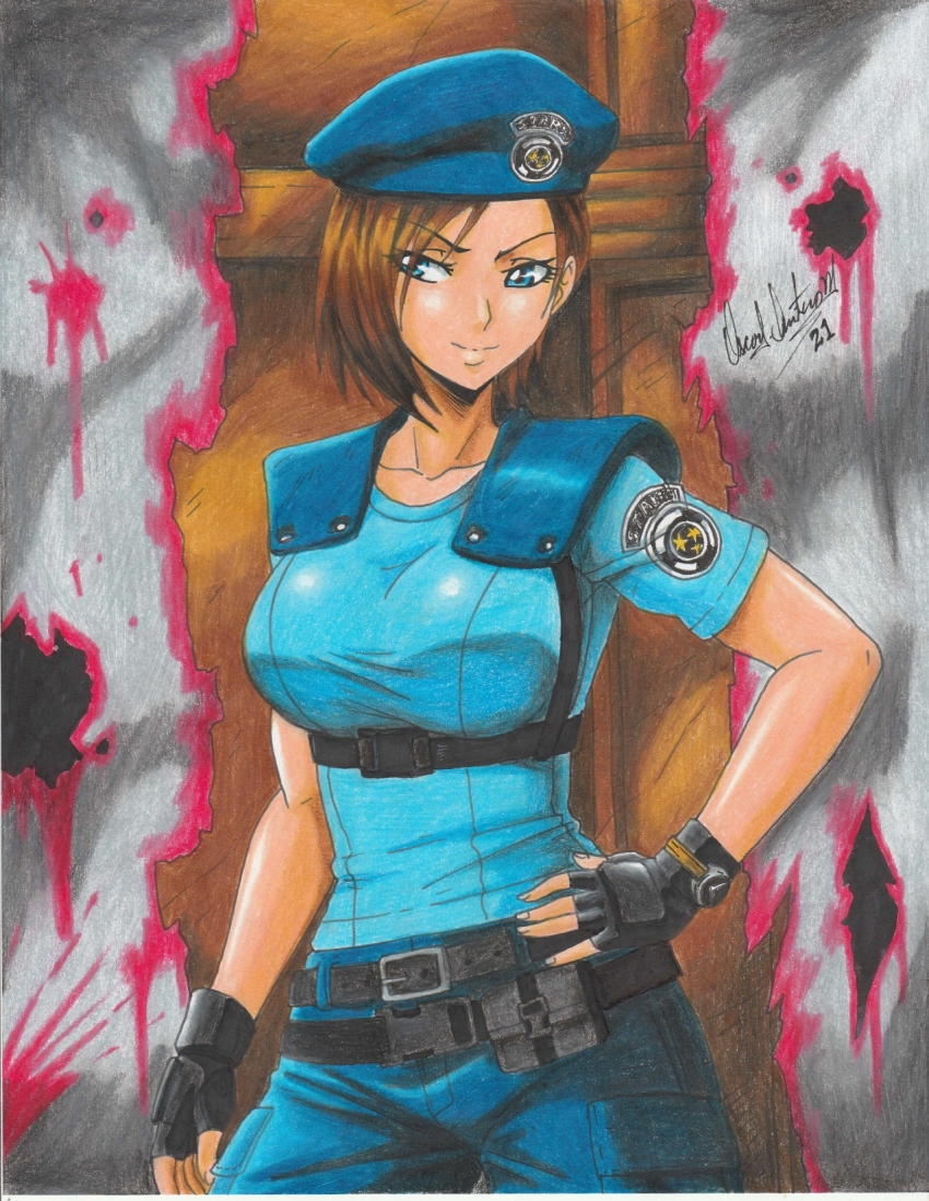 1girl, 2021, artist_name, belt, black_gloves, blood, blue_eyes, blue_hat