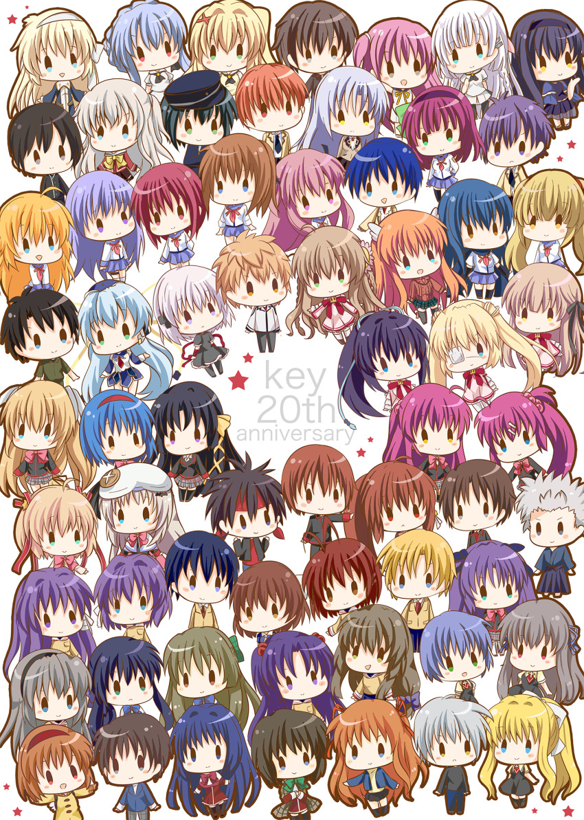 6+girls, absolutely_everyone, air_(visual_novel), aizawa_yuuichi, angel_beats!, anniversary, charlotte_(anime), chibi, clannad, commentary_request, company_connection, company_name, crossover, everyone, fujibayashi_kyou, fujibayashi_ryou, furukawa_nagisa, futaki_kanata, harmonia_(key), highres, hinata_hideki, hisako_(angel_beats!), hoshino_yumemi, ibuki_fuuko, ichinose_kotomi, inohara_masato, irie_miyuki, iwasawa_masami, junker, kagari_(rewrite), kamikita_komari, kamio_misuzu, kanbe_kotori, kanon, katou_umi, key_(company), kirishima_kano, konohana_lucia, kunisaki_yukito, kurugaya_yuiko, kushima_kamome, little_busters!, minase_nayuki, misaka_shiori, miyazawa_kengo, multiple_crossover, multiple_girls, nakamura_yuri, nakatsu_shizuru, naoe_riki, naoi_ayato, naruse_shiroha, natsume_kyousuke, natsume_rin, nishizono_mio, noda_(angel_beats!), noumi_kudryavka, okazaki_tomoya, okazaki_ushio, ootori_chihaya, otonashi_yuzuru, otosaka_yuu, planetarian, rewrite, saigusa_haruka, sakagami_tomoyo, sasasegawa_sasami, sawatari_makoto, sekine_shiori, senri_akane, shiina_(angel_beats!), shiona_(harmonia), siblings, simple_background, sisters, sorakado_ao, star_(symbol), summer_pockets, sunohara_youhei, takahara_hairi, tennouji_kotarou, tenshi_(angel_beats!), tokido_saya, tomori_nao, toono_minagi, tsukimiya_ayu, tsumugi_wenders, twins, ura_(ura-tennislove), white_background, yui_(angel_beats!), yusa_(angel_beats!)