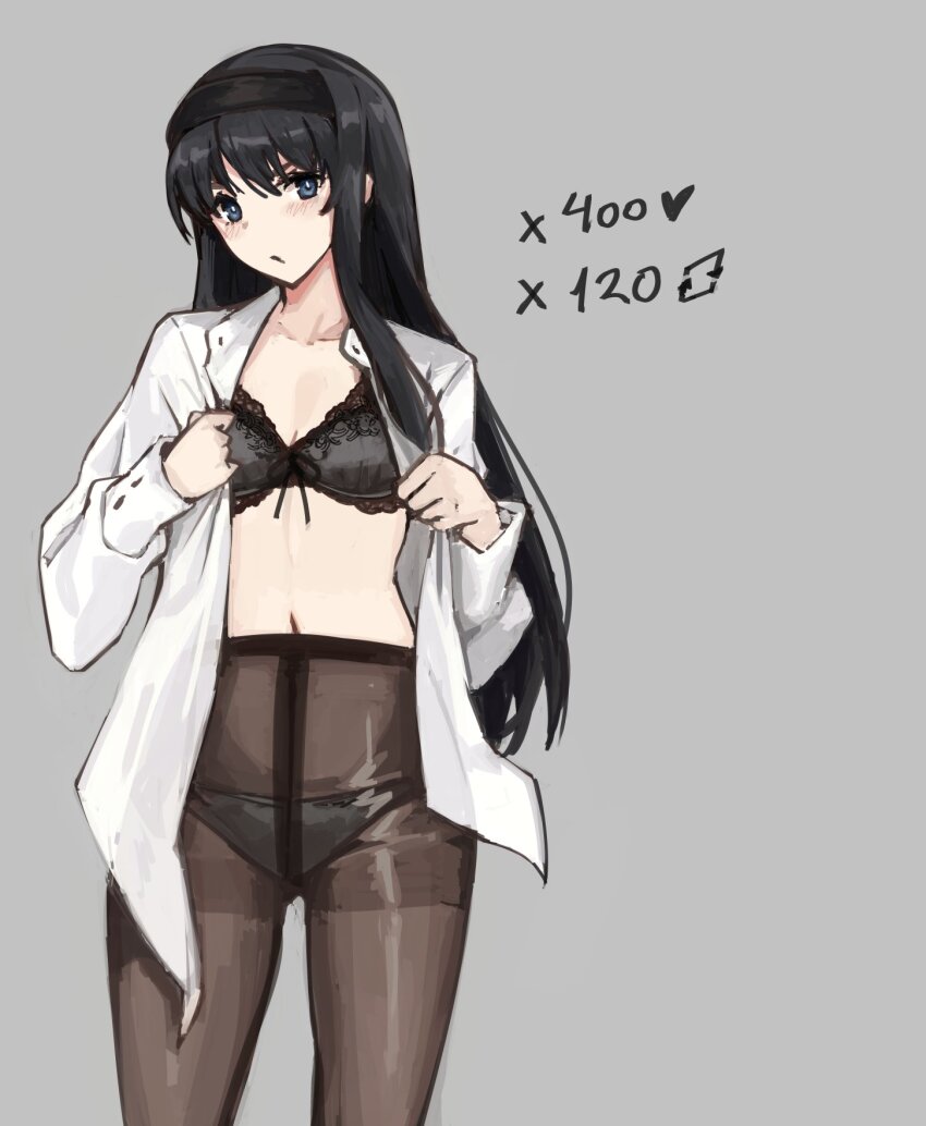 1girl, black_hair, black_hairband, blue_eyes, flat_chest, grey_background, hairband, hand_in_thighhighs