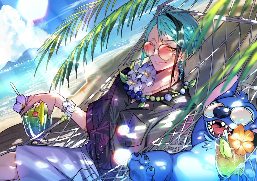 1boy, beach, black_hair, black_shirt, blue_flower, blue_hair, bracelet, branch, breast_pocket, closed_mouth, cloud, collarbone, collared_shirt, cow, crossover, dappled_sunlight, day, drink, dutch_angle, earrings, flower, flower_necklace, floyd_leech, floyd_leech_(tropical_wear), green_nails, hammock, hawaiian_shirt, highres, holding, holding_drink, horizon, jade_leech, jewelry, lei, light_rays, lilo_&amp;_stitch, long_sleeves, looking_at_viewer, lying, male_focus, mitsunari_miyako, mountain, multicolored_hair, nail_polish, necklace, ocean, on_back, one_eye_closed, open_collar, orange_eyes, outdoors, parted_bangs, pocket, red-tinted_eyewear, round_eyewear, shade, shirt, short_hair, shorts, sidelocks, smirk, solo, stitch_(lilo_&amp;_stitch), streaked_hair, sunglasses, sunlight, tinted_eyewear, twisted_wonderland, white_shorts