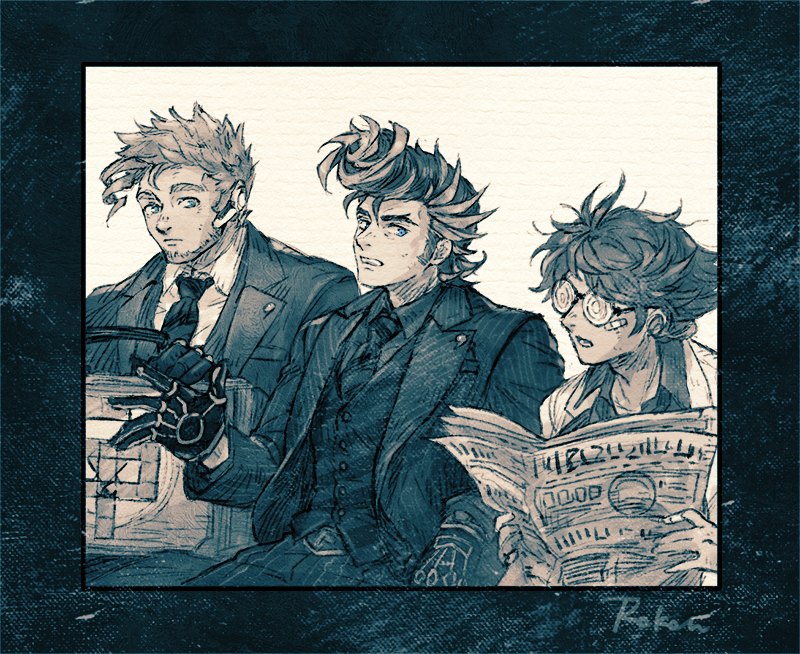 3boys, bandaid, bandaid_on_face, bandaid_on_hand, beard_stubble, blue_eyes, briefcase, coke-bottle_glasses, duel_monster, earpiece, facial_hair, formal_clothes, glasses, gloves, hashibi_rokou, holding, holding_briefcase, holding_newspaper, male_focus, messy_hair, multiple_boys, necktie, newspaper, open_mouth, pompadour, sitting, spyral_quik-fix, spyral_super_agent, spyral_tough, stubble, suit, yu-gi-oh!