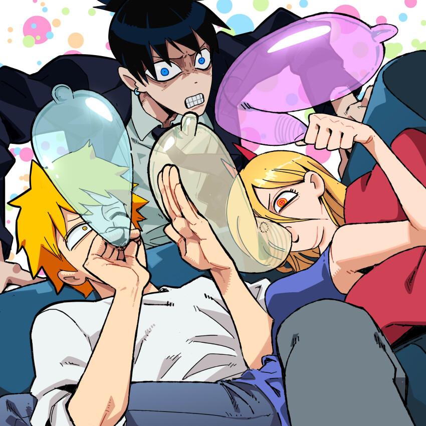 1girl, 2boys, absurdres, aisendraw, annoyed, black_hair, black_jacket, black_necktie, blonde_hair, blue_eyes, blue_tank_top, chainsaw_man, clenched_teeth, collared_shirt, condom, condom_balloon, condom_in_mouth, cross-shaped_pupils, denji_(chainsaw_man), formal_clothes, frustrated, hair_between_eyes, hayakawa_aki, highres, jacket, long_hair, looking_at_another, looking_at_viewer, mouth_hold, multiple_boys, necktie, parted_lips, power_(chainsaw_man), shirt, short_hair, suit, suit_jacket, symbol-shaped_pupils, tank_top, teeth, topknot, white_shirt, yellow_eyes
