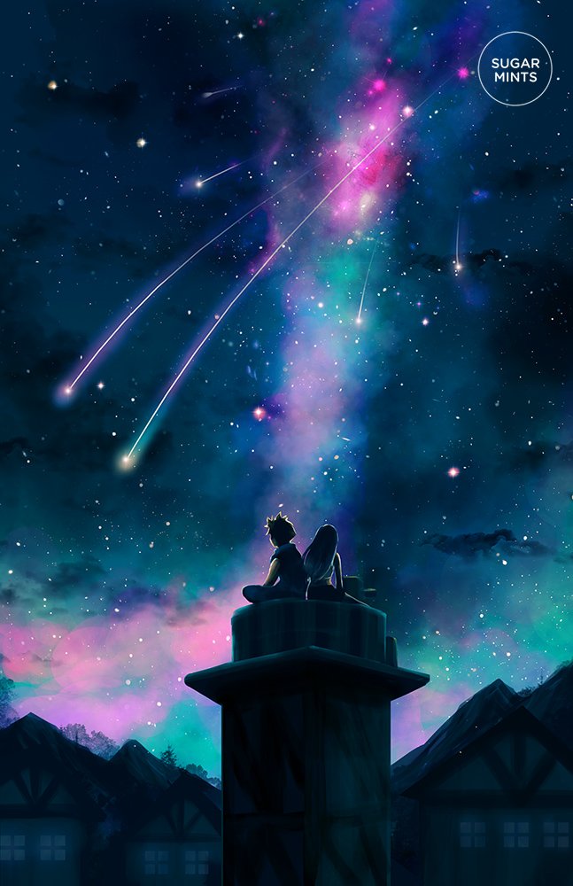 1boy, 1girl, artist_name, black_hair, blonde_hair, building, cloud, cloud_strife, cloudy_sky, commentary, crop_top, final_fantasy, final_fantasy_vii, from_behind, full_body, house, long_hair, mountain, night, outdoors, scenery, shooting_star, sitting, skirt, sky, spiked_hair, star_(sky), starry_sky, sugarmintdreams, tank_top, tifa_lockhart, tree, water_tank, water_tower, white_tank_top