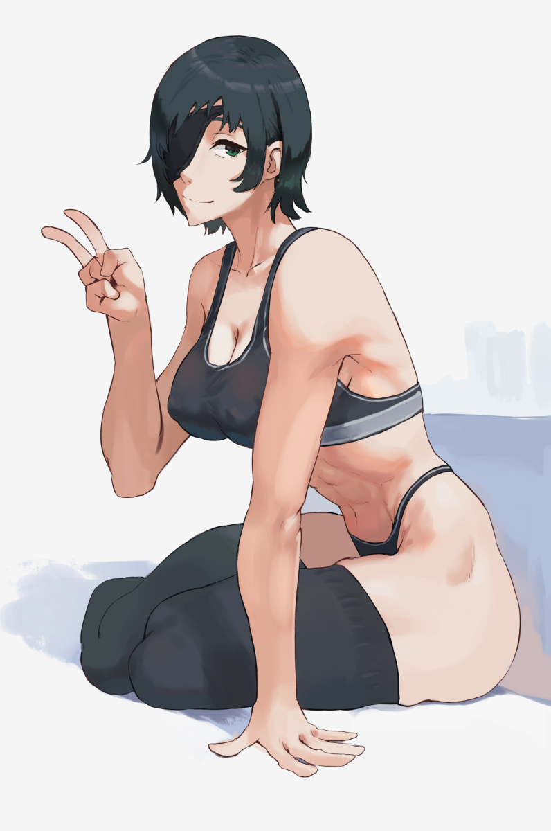 1girl, black_hair, black_sports_bra, black_thighhighs, chainsaw_man, eyepatch, highres, himeno_(chainsaw_man)