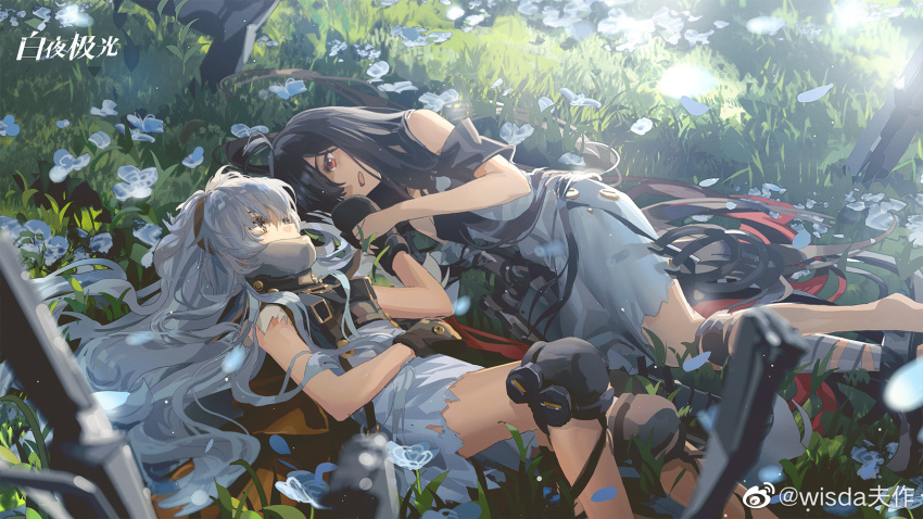 2girls, absurdly_long_hair, ahoge, alchemy_stars, ankle_cuffs, bandaged_leg, bandages, black_hair