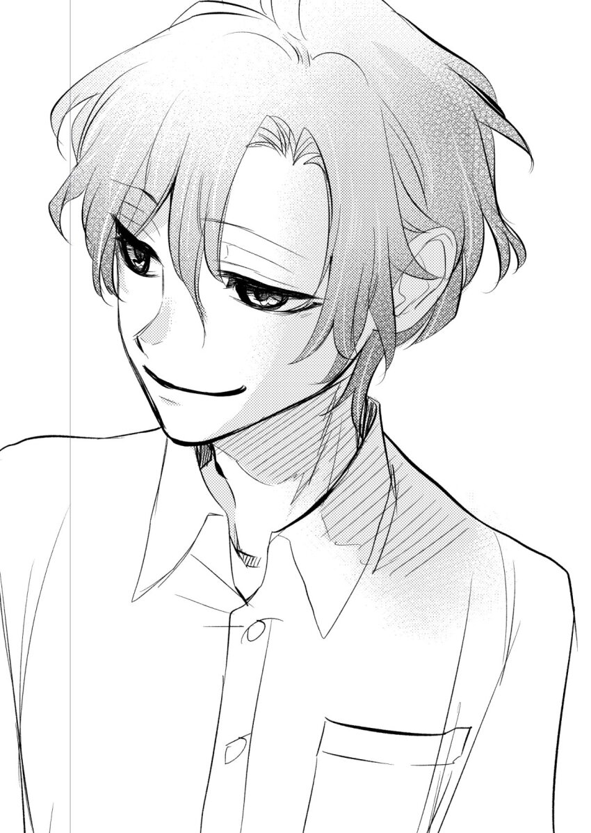 1boy, highres, higurashi_no_naku_koro_ni, higurashi_no_naku_koro_ni_rei, looking_to_the_side, male_focus, monochrome, natsumi_kei