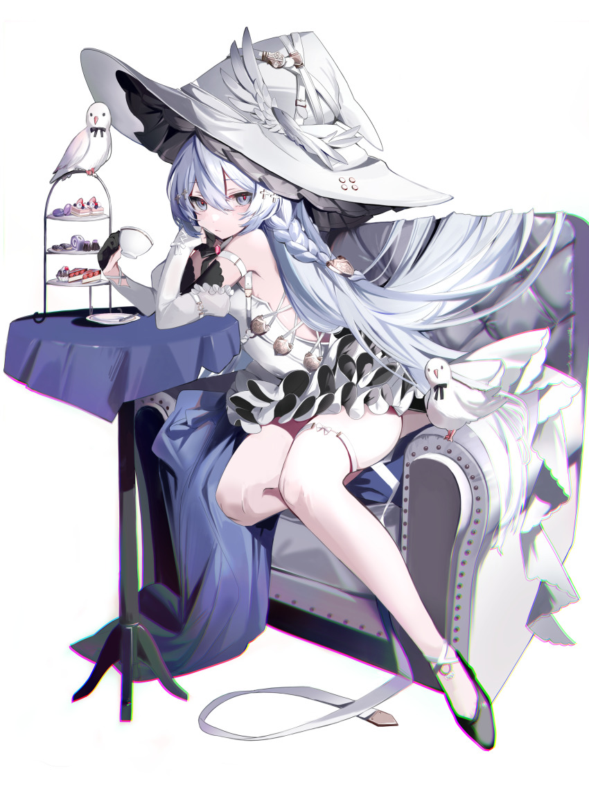 1girl, absurdres, arms_on_table, bare_shoulders, bird, black_footwear, black_gloves, braid