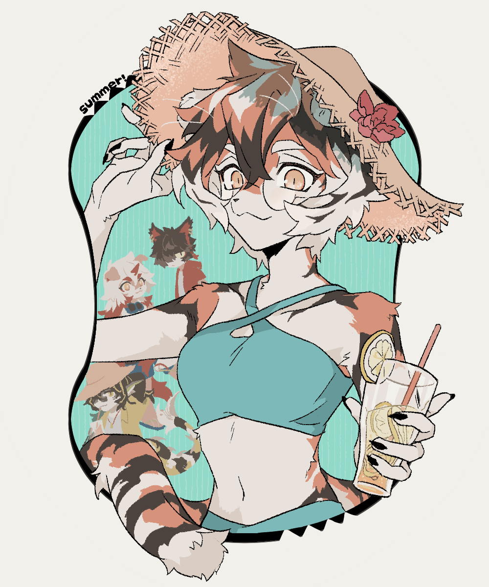 1girl, 3boys, :3, aak_(arknights), adjusting_clothes, adjusting_headwear, animal_ears, aqua_background, aqua_bikini, arknights, bikini, black_hair, black_nails, blonde_hair, border, brown_background, brown_headwear, commentary, cross-laced_bikini, cross-laced_clothes, cup, dog_boy, dog_ears, drinking_straw, earrings, english_text, fins, fish_boy, fish_tail, flip-flops, flower, food, fruit, furry, furry_female, furry_male, goggles, goggles_around_neck, hair_over_one_eye, hat, hat_flower, highres, holding, holding_cup, hung_(arknights), jacket, jewelry, lee_(arknights), lemon, lemon_slice, looking_at_viewer, multicolored_hair, multiple_boys, muzzle_(mask), nail_polish, necklace, orange_hair, pointy_ears, red_flower, red_hair, red_jacket, sandals, shirt, simple_background, sirakaro, slit_pupils, straw_hat, striped_fur, striped_hair, sun_hat, swimsuit, untranslatable_commentary, tail, thick_eyebrows, tiger_girl, waai_fu_(arknights), white_hair, white_shirt, yellow_eyes, yellow_jacket