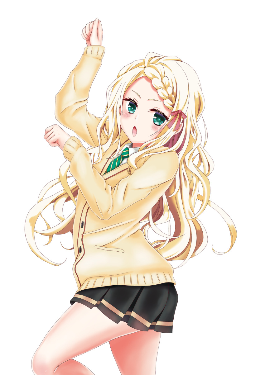 1girl, absurdres, asymmetrical_hair, ayakashi_triangle, black_skirt, blush, braid, braided_bangs