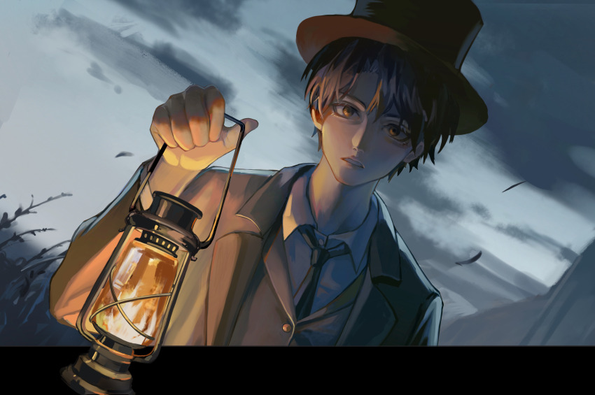 1boy, absurdres, black_coat, black_hair, black_hat, black_jacket, black_necktie, brown_eyes