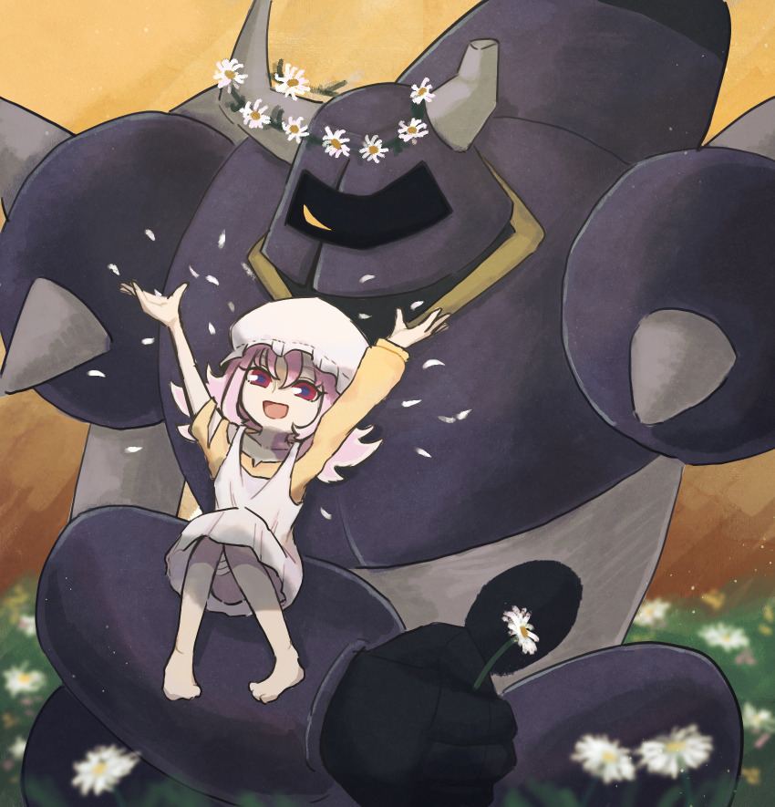 1girl, :d, barefoot, bolton_(casshern_sins), casshern_(series), casshern_sins, commentary_request, dress, flower, full_body, harunomoto, hat, head_wreath, highres, mob_cap, nico_(casshern_sins), open_mouth, petals, pinafore_dress, pink_hair, red_eyes, robot, shirt, sitting, sitting_on_robot, size_difference, sleeveless, sleeveless_dress, smile, white_dress, white_flower, white_headwear, yellow_shirt