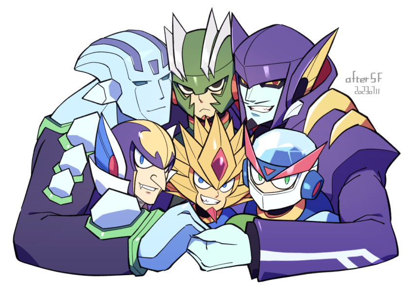 6+boys, black_eyes, blue_eyes, blue_sclera, clenched_teeth, colored_sclera, covered_mouth, facial_hair