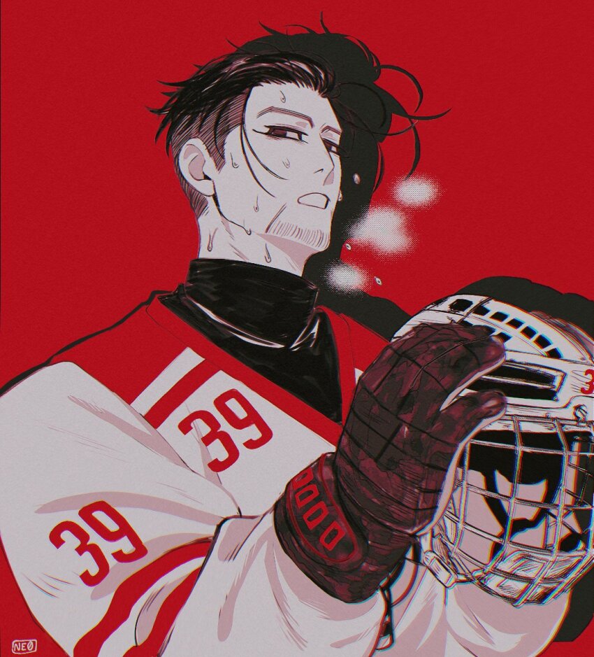1boy, black_hair, black_shirt, facial_hair, flying_sweatdrops, gloves, goatee, golden_kamuy, hair_slicked_back, helmet, highres, hockey_helmet, hockey_mask, hockey_sweater, hockey_uniform, holding, holding_unworn_helmet, jersey, looking_at_viewer, male_focus, mask, neokira_(http_ne0), ogata_hyakunosuke, open_mouth, red_background, red_gloves, shadow, shirt, short_hair, signature, simple_background, solo, sweat, teeth, turtleneck, undercut, unworn_helmet